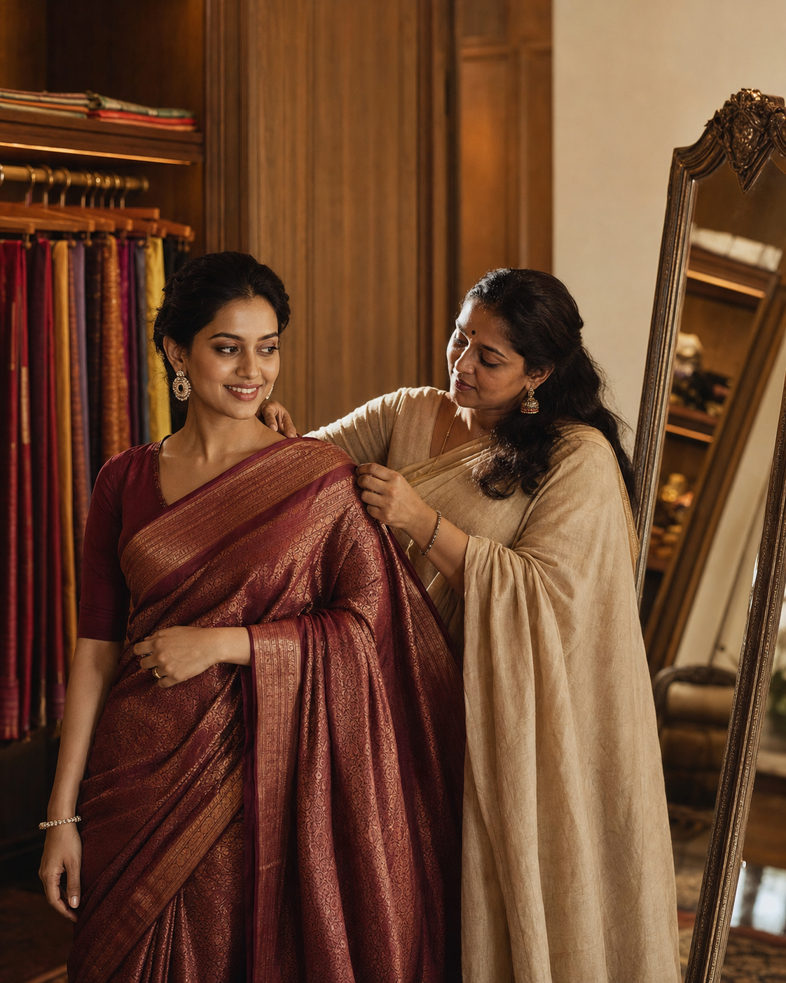 Nirai stylist helping a client choose a silk saree